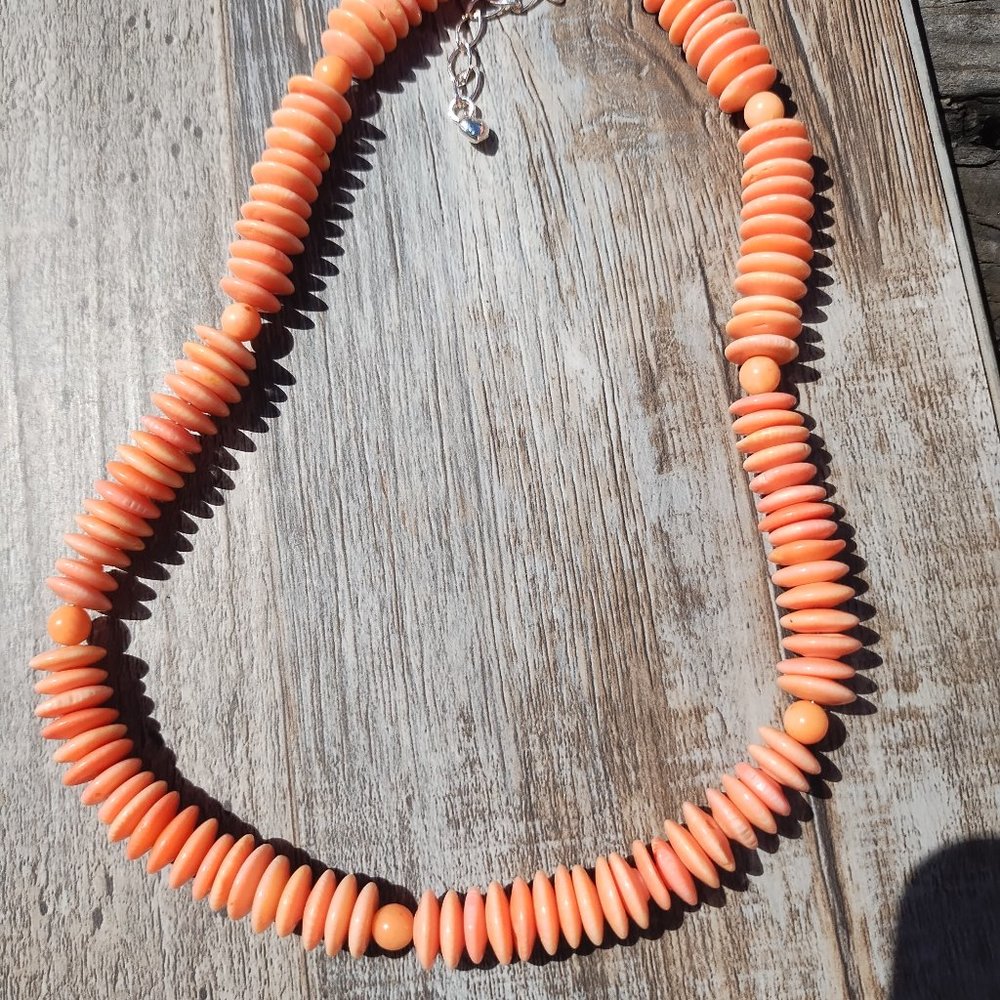 Jay King DTR mine finds Salmon Coral Disc Beads Necklace 925 Sterling Silver